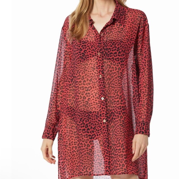 Michael Kors NWT L Red  BLack cheetah Animal Print sheer hi/low  SEXY coverup - Picture 1 of 7